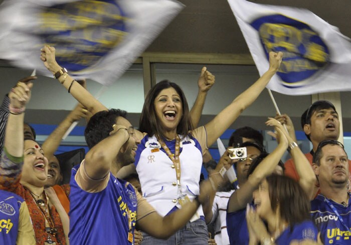 Rajasthan Royals' co-owner Shilpa Shetty celebrates after her team's victory over Chennai Super Kings during the Indian Premier League 3 match in Ahmedabad on Sunday. (PTI Photo)