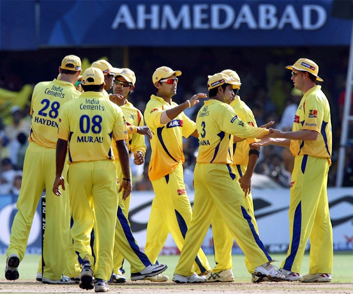 Chennai Super Kings players celebrate the dismissal of Rajasthan Royals' M Lumb during their IPL T20 match at the Sardar Patel Cricket Stadium. (PTI Photo)