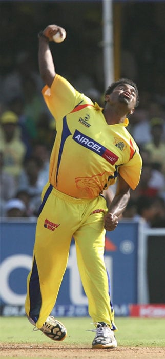 Chennai Super Kings' Murali Murlitharan bowls during the IPL T20 match against Rajasthan Royals at the Sardar Patel Cricket Stadium. (PTI Photo)