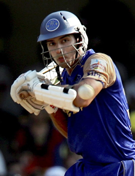 Rajasthan Royals' opener Naman Ojha hits a shot during the IPL T20 match against Chennai Super Kings at the Sardar Patel Cricket Stadium in Motera. (PTI Photo)