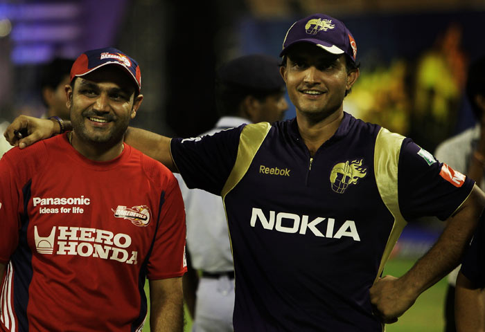 Virender Sehwag of the Daredevils jokes around post match with Sourav Ganguly of the Knight Riders during the 2010 DLF Indian Premier League T20 group stage match between Kolkata Knight Riders and Delhi Daredevils played at Eden Gardens on April 7, 2010 in Kolkata, India. (Photo: IPL2010/Getty Images)