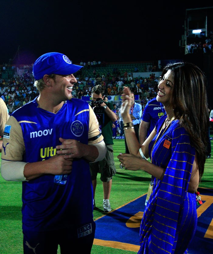 Shane Warne and Shilpa Shetty (part owner of Rajasthan Royals) during the 2010 DLF Indian Premier League T20 group stage match between Rajasthan Royals and Kings XI Punjab played at the Sawai Mansingh Stadium on April 7, 2010 in Jaipur, India.  (Photo: IPL2010/Getty Images)