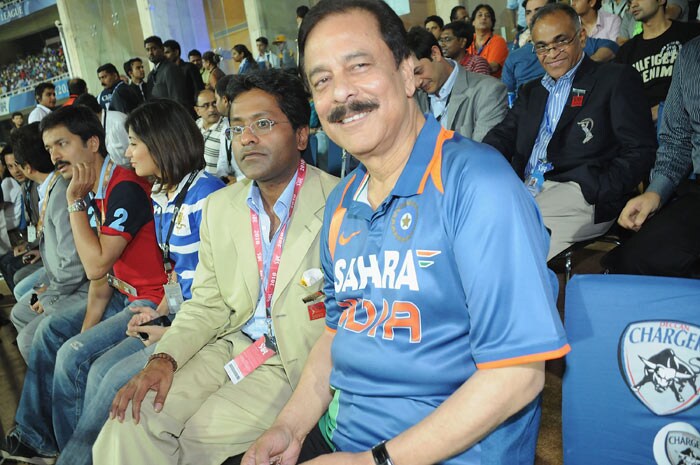 Lalit Modi with Subrato Roy of Sahara  during the 2010 DLF Indian Premier League T20 group stage match between Deccan Chargers and Mumbai Indians played at DY Patil Stadium on March 28, 2010 in Mumbai, India. (Photo: IPL2010/Getty Images)