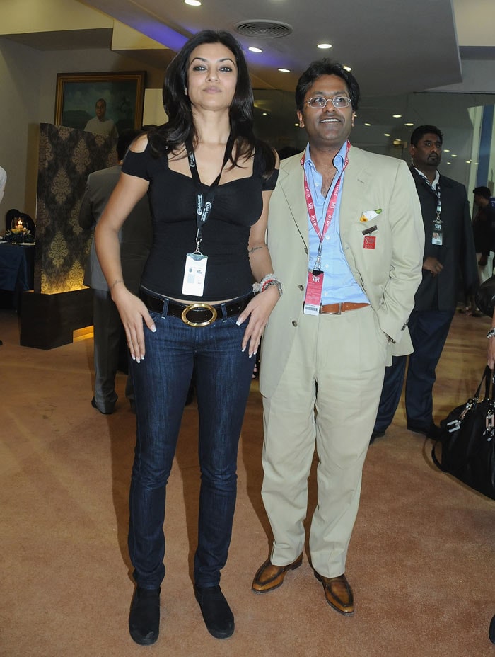 Lalit Modi with Sushmita Sen arriving during the 2010 DLF Indian Premier League T20 group stage match between Deccan Chargers and Mumbai Indians played at DY Patil Stadium on March 28, 2010 in Mumbai, India. (Photo: IPL2010/Getty Images)