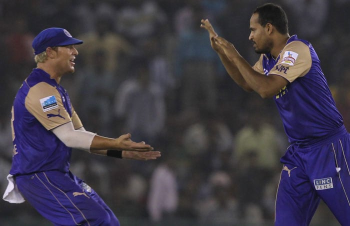 Rajasthan Royals' Shane Warne and Yusuf Pathan celebrates the wicket of Kings XI Punjab's M Kaif during their Indian Premier League 3 match in Mohali. (PTI Photo)
