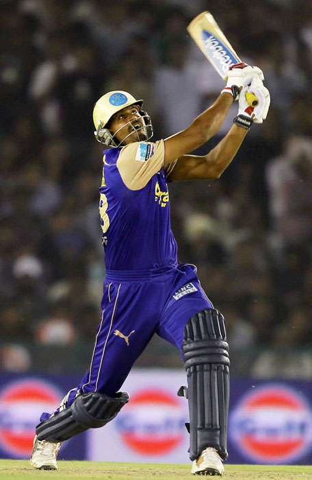 Rajasthan Royals' batsman Yusuf Pathan plays a shot during the Indian Premier League 3 match against Kings XI Punjab in Mohali. (PTI Photo)