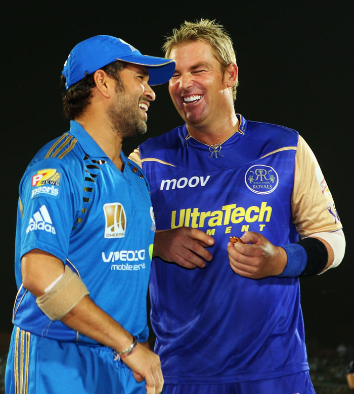 Sachin Tendulkar of the Indians and Shane Warne of the Royals share a laugh before the coin toss ahead of the 2010 DLF Indian Premier League T20 group stage match between Rajasthan Royals and Mumbai Indians played at Sawai Mansingh Stadium on April 11, 2010 in Jaipur, India.  (Photo: IPL2010/Getty Images)