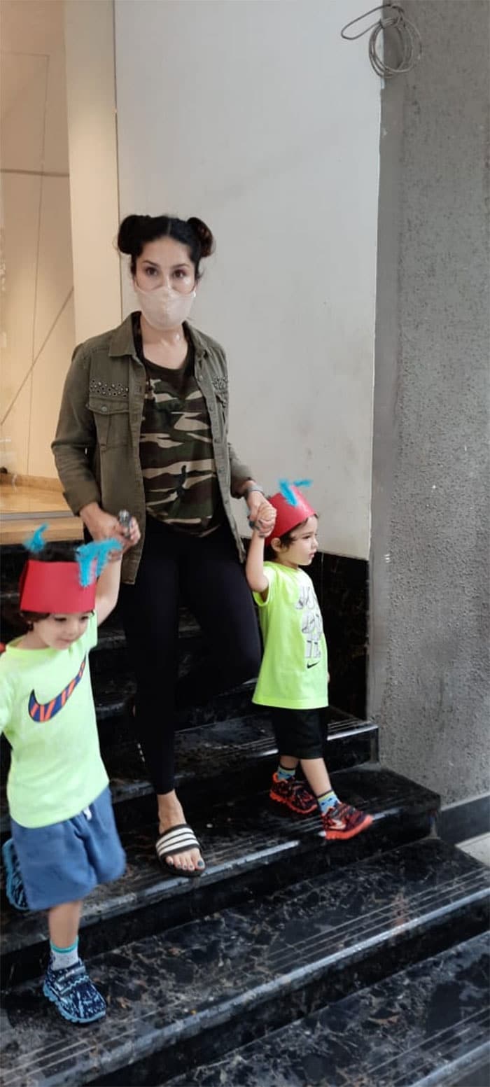 Sunny Leone was pictured with her kids in Andheri.