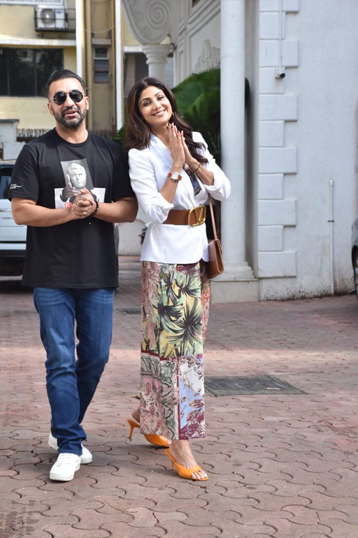 Actress Shilpa Shetty and her husband Raj Kundra were spotted outside their residence in Juhu on Tuesday. They stepped out to celebrate Shilpa's 46th birthday.