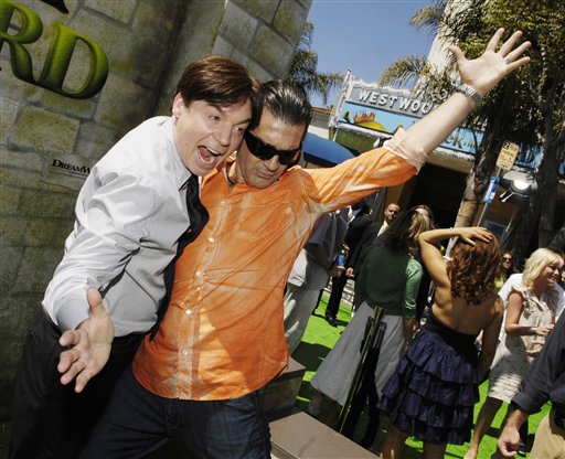 Actors Mike Myers, left, and Antonio Banderas, cast members in the film Shrek the Third, pose together at the premiere of the film in Los Angeles.