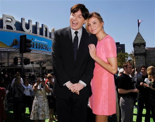 Shrek the Third cast members Mike Myers, left, and Cameron Diaz pose together at the premiere of the film in Los Angeles.