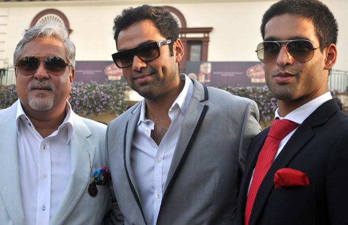 Abhay Deol with UB Group Chairman Vijay Mallya and his son Sidhartha Mallya at  McDowell's Signature Premier Indian Derby 2012 in Mumbai this weekend.