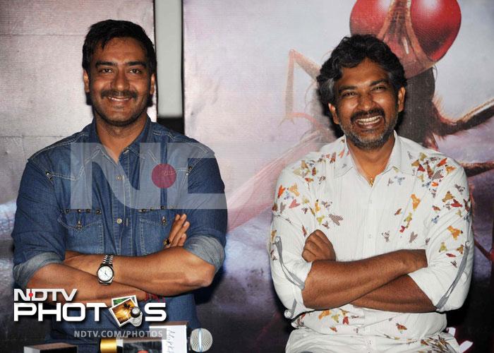 Actor Ajay Devgn who has dubbed for the Hindi version of the hit Telugu film, <i>Eega</i> was seen at the press conference of the film. The Hindi film titled <i>Makkhi</i> has been directed by renowned Telugu director, S S Rajamouli. The actor is seen here with the director.