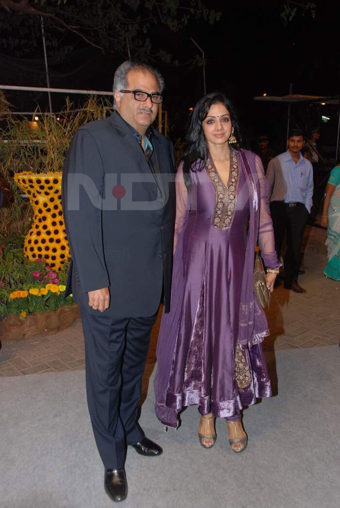 Boney Kapoor looked spiffy in formals, while Sridevi opted for a violet anarkali.