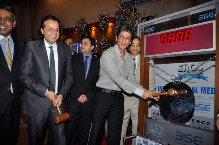 Shah Rukh Khan hits the gong for the listing of Eros International Media (EIM) at the Bombay Stock Exchange (BSE).