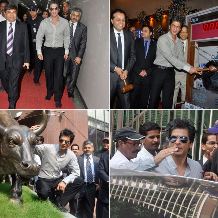 Shah Rukh Khan was at the Bombay Stock Exchange to celebrate the listing of Eros International, the same banner that will be launching his next film <I>Ra.One</I>.