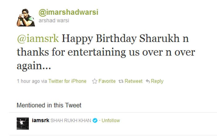 Arshad Warsi: @iamsrk Happy Birthday Sharukh n thanks for entertaining us over n over again...