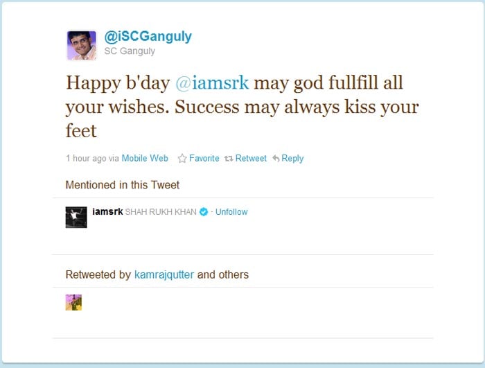 Former Indian skipper Saurav Ganguly was the first one to wish Shah Rukh Khan. He tweeted: "Happy b'day @iamsrk may god fulfill all your wishes. Success may always kiss your feet."