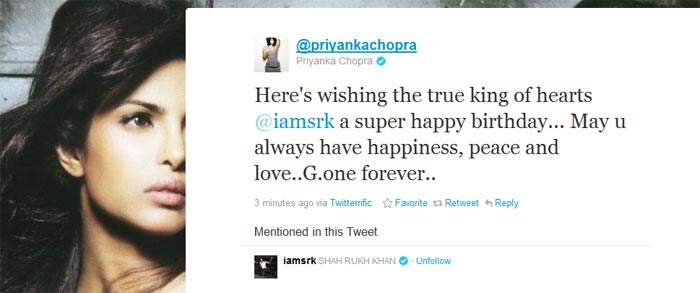 SRK's <i>Don 2</i> co-actor Priyanka Chopra said: Here's wishing the true king of hearts @iamsrk a super happy birthday... May u always have happiness, peace and love..G.one forever..