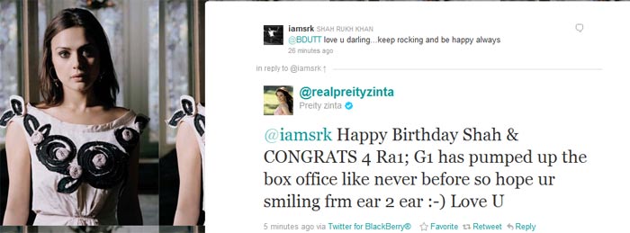 Preity Zinta: @iamsrk Happy Birthday Shah & CONGRATS 4 Ra1; G1 has pumped up the box office like never before so hope ur smiling frm ear 2 ear :-) Love U