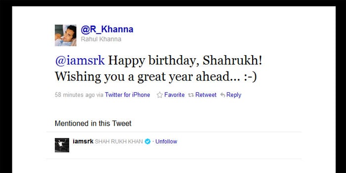 Rahul Khanna: @iamsrk Happy birthday, Shahrukh! Wishing you a great year ahead... :-)