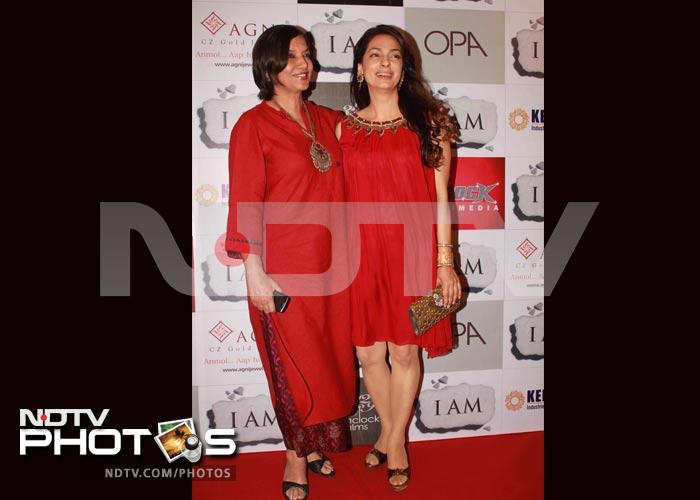 Ladies in red - Shabana Azmi poses with Juhi Chawla.