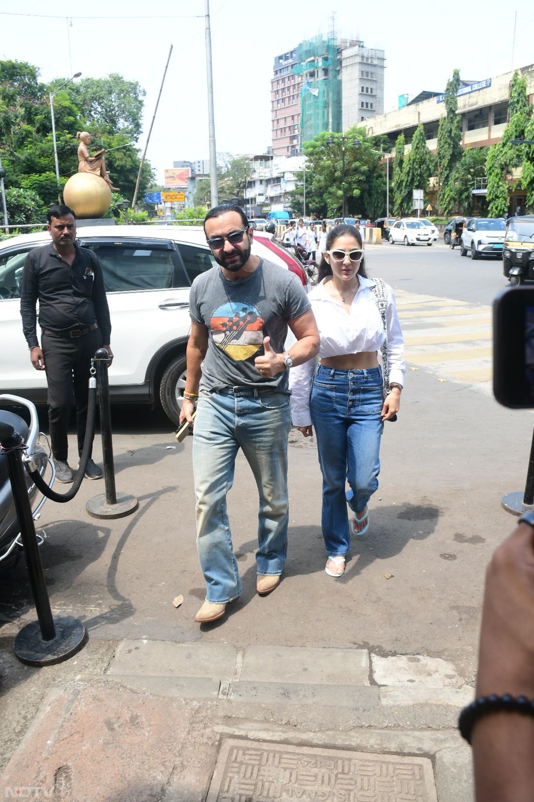 Saif Ali Khan and Sara Ali Khan were all smiles as they were pictured during a lunch outing together. (Image Courtesy: Varinder Chawla)