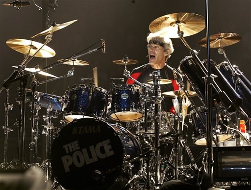 The Police drummer Stewart Copeland performs during the band's concert in Vancouver at the start of their worldwide tour.