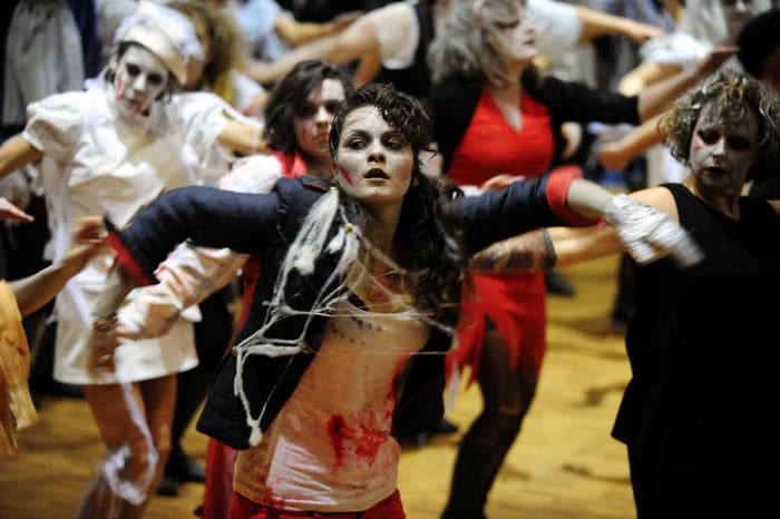 Villagers dressed as zombies attend a practice session in Gourin, in Western France, on October 25, 2009, just before the start of the &quot;Thrill The World 2009&quot; event, global celebration of Michael Jackson. (Image: AFP)