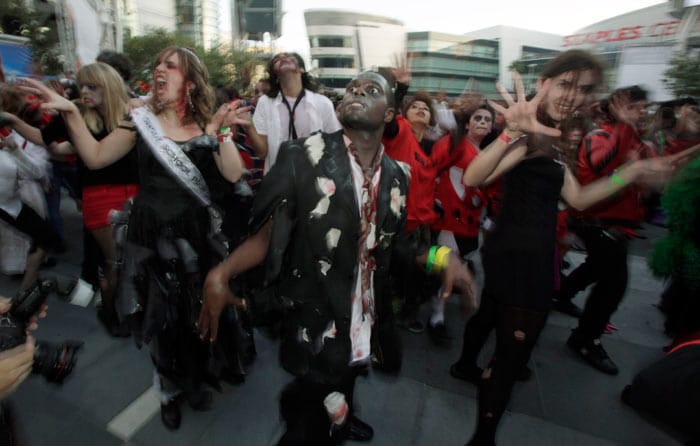 Several hundred costumed dancers, hoping to set a worldwide record for the most people dancing simultaneously to the Michael Jackson hit, &quot;Thriller&quot;. (Image: AP)