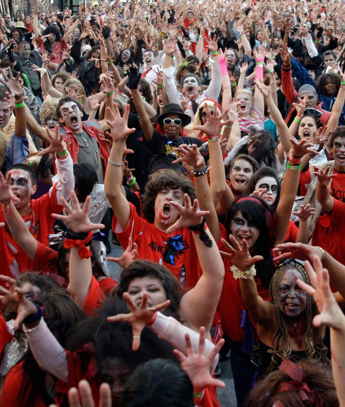 Hundreds of costumed dancers, hoping to set a worldwide record for the most people dancing simultaneously to the Michael Jackson hit, &quot;Thriller&quot;. (Image: AP)