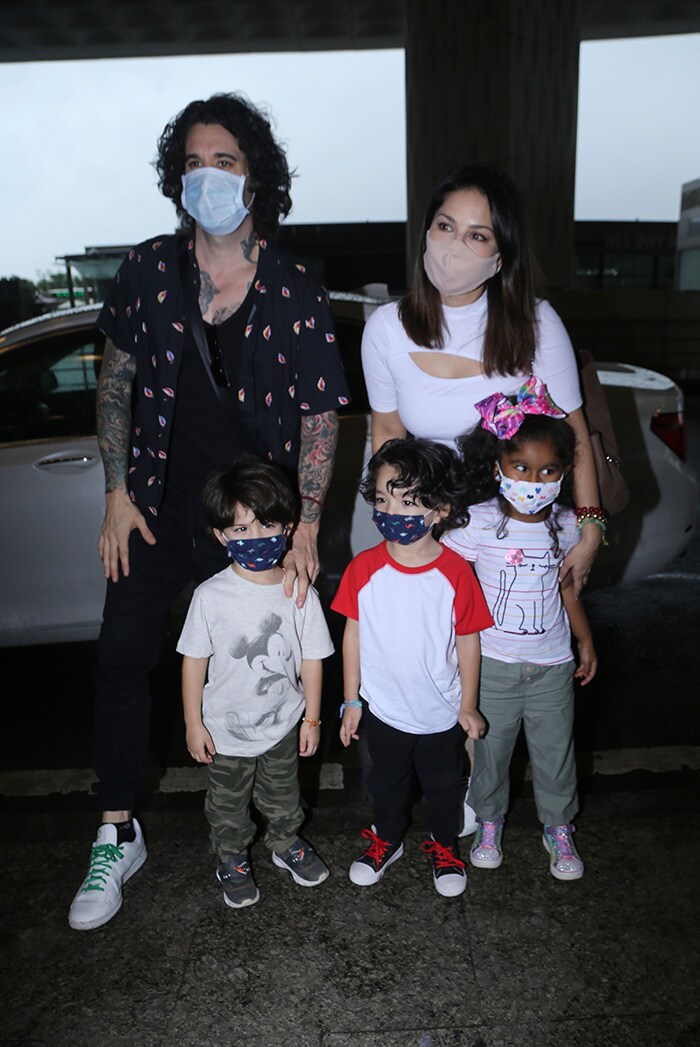 Sunny Leone happily posed with her husband Daniel Weber and their kids Nisha, Noah and Asher for the shutterbugs.