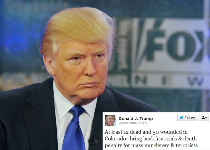 <b>Donald Trump</b>: At least 12 dead and 50 wounded in Colorado--bring back fast trials & death penalty for mass murderers & terrorists.