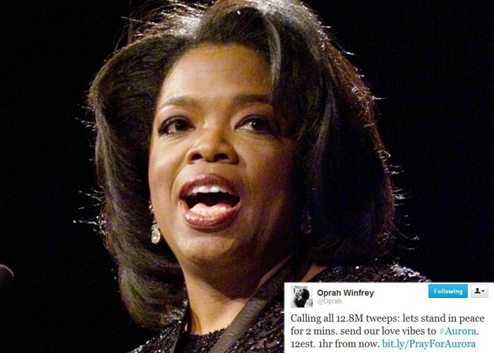 <b>Oprah Winfrey</b>: Calling all 12.8M tweeps: lets stand in peace for 2 mins. send our love vibes to #Aurora. 12est. 1hr from now. http://bit.ly/PrayForAurora