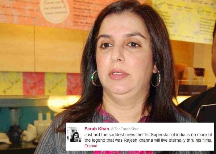 <b>Farah Khan</b>: Just hrd the saddest news.the 1st Superstar of india is no more.bt the legend that was Rajesh khanna will live eternally thru his films.