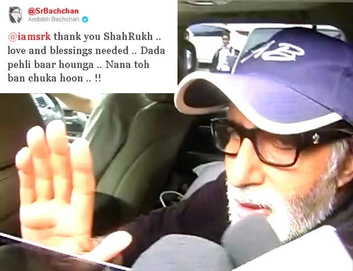 The quick-with-wit Sr Bachchan promptly replied, "Thank you Shah Rukh .. Love and blessings needed .. <i>Dada pehli baar hounga.. Nana toh ban chuka hoon</i>.. !!<br>
Here's a look at some other celebrity wishes for the Bachchan family.