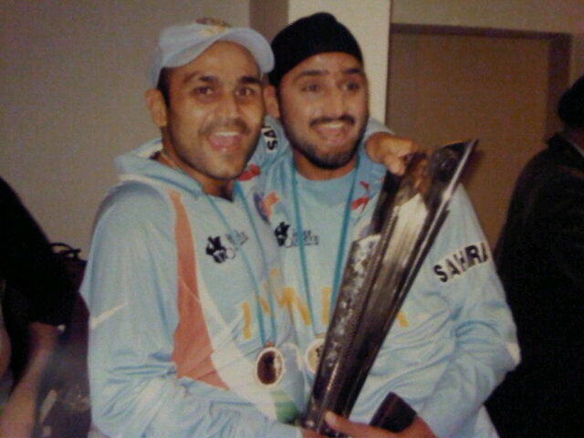 Sehwag and Bhajji are ecstatic. It is indeed "Old memories. For u guys..."