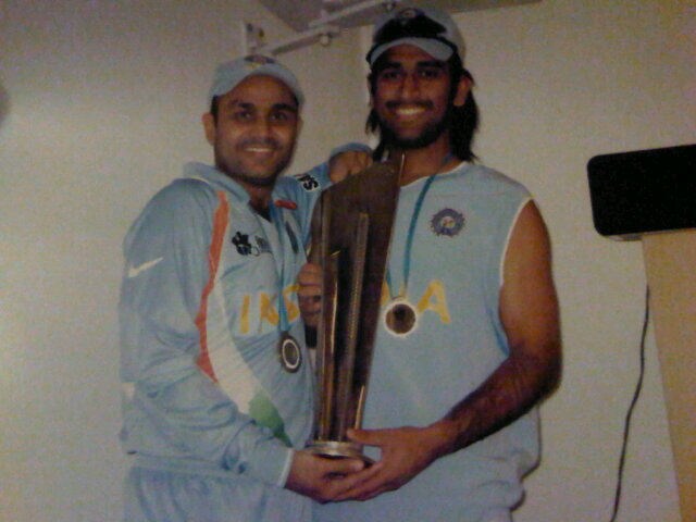 Sehwag and Dhoni hold the T20 World Cup trophy. From there to here!