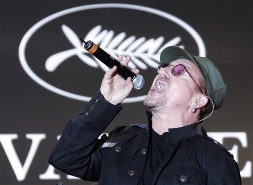 U2's Bono performs prior to the screening of the movie U2 3D, at the 60th International film festival in Cannes.