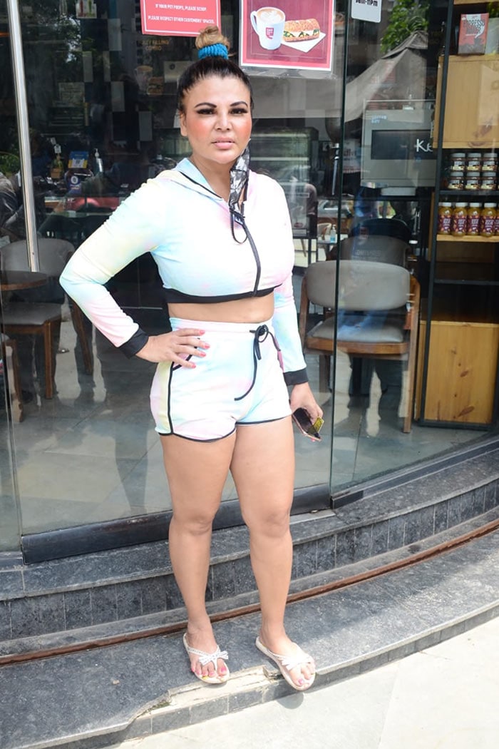 Rakhi Sawant was photographed outside a coffee shop in the city.