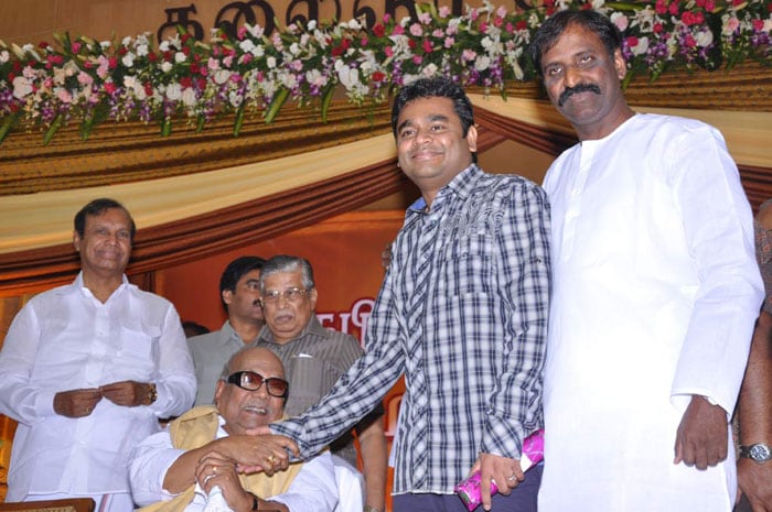 Chief Minister M. Karunanidhi, noted musician AR Rehman and Vairamuthu pose for the camera.