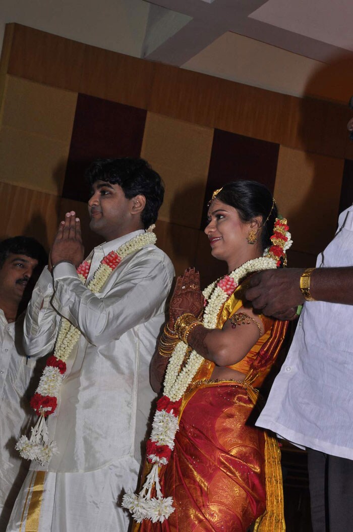 Lyricist Vairamuthu's second son, Kabilan and M. Ramya greet the highly-esteemed guests at their wedding.