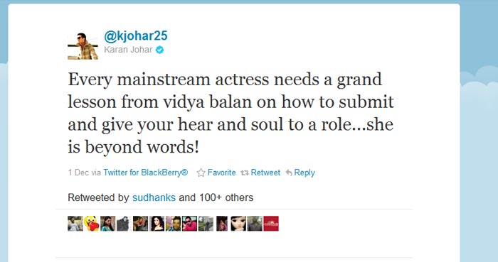 <b>Karan Johar</b>: Every mainstream actress needs a grand lesson from vidya balan on how to submit and give your heart and soul to a role...she is beyond words!