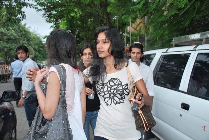 Model Nethra Raghuraman with a friend as she leaves after attending Viveka's prayer meet. (Photo: Viral Bhayani)