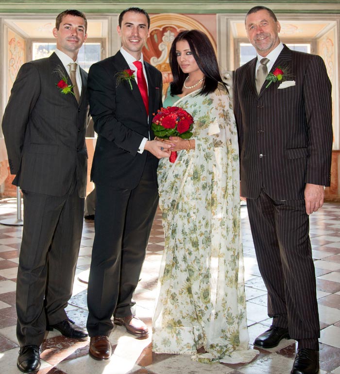 Bollywood hottie Celina Jaitly shocked her fans with the sudden announcement of her wedding in August 2011. The <i>Janasheen</i> actress informed her fans via twitter and she wrote: "With great pleasure I would like to announce my wedding with @peterhaag on the 23rd of last month (23rd July) at a thousand year old monastery in Austria. We seek your blessings and good wishes, and apologize for the delayed announcement due to a family tragedy. Here is a picture of the most cherished moment of our lives.<br><br/>[The following picture features myself and my beloved husband, flanked by my dearest father in law to my left, and my brother in law to Peter's right.]<br><br/> The pretty actress is expecting twins.