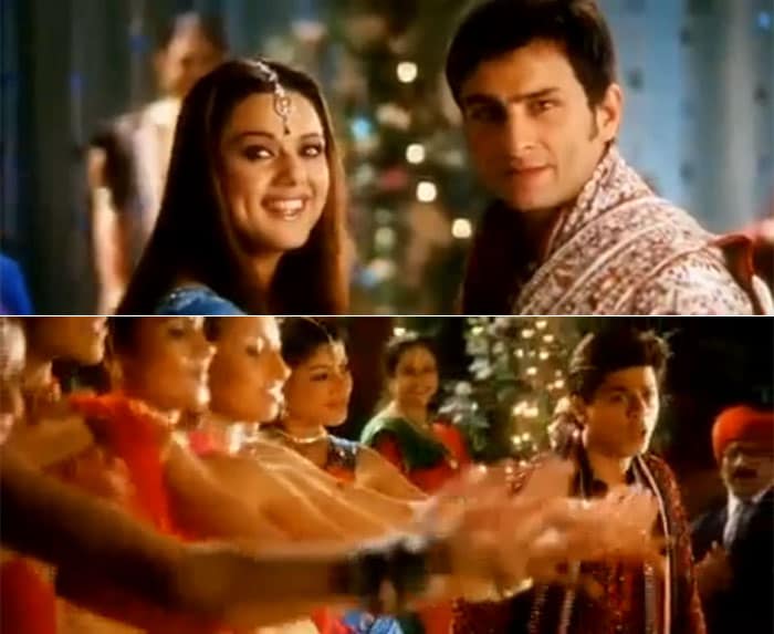 SRK and Saif dance to Preity's beat in <i>Mahi Ve</i> from <i>Kal Ho Na Ho</i>.