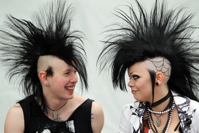 Participants in an annual Wave-Gothic festival pose on May 21, 2010 in Leipzig, eastern Germany, where more than 20 000 people are expected to attend the festival attracting the friends of gothic romanticism. The festival offers a very special spectacle with a range of concerts, historical markets, theatre and cinema, gothic scene performances, exhibitions, readings and parties. (Photo: AFP)