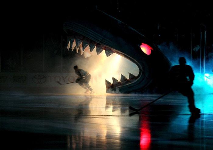 A member of the San Jose Sharks skates out onto the ice during introductions before the Sharks take on the Chicago Blackhawks in Game Two of the Western Conference Finals during the 2010 NHL Stanley Cup Playoffs at HP Pavilion on May 18, 2010 in San Jose, California. (Photo: AFP)