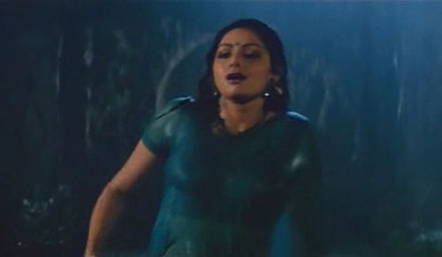 Sridevi has been something of a favourite when it comes to rain songs and saris. Her most famous rain dance was in <I>Mr India</i> in the song <I>Kaate nahi katatey</i>.