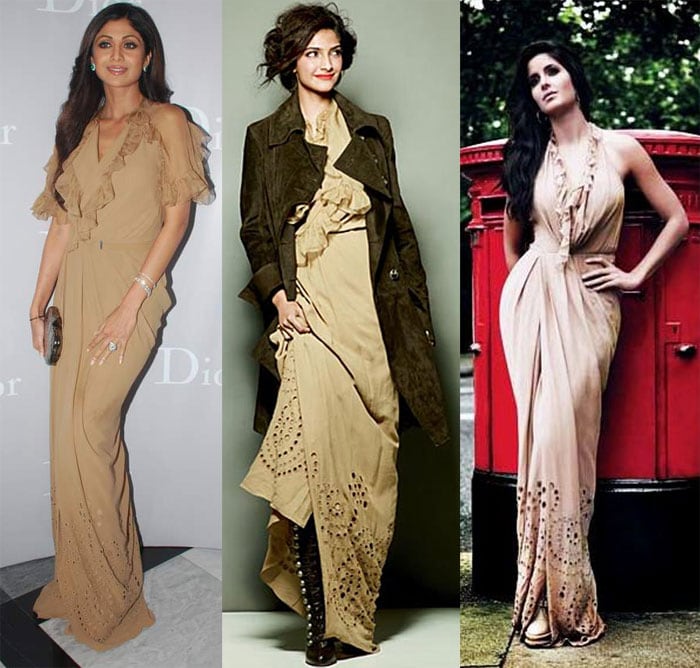 Shilpa Shetty worked floor length Dior at the store launch. Sonam and Katrina rocked the same dress in photospreads for Cosmopolitan and Harper's Bazaar ? but we think Shilpa wears it best!